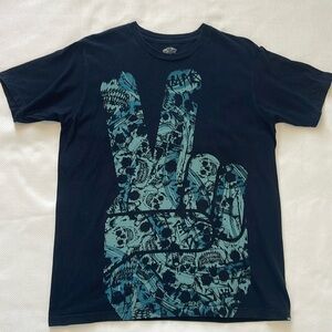 Vans Men's Skull Peace Sign Short Sleeve Tee Black Teal Graphic Tee EUC